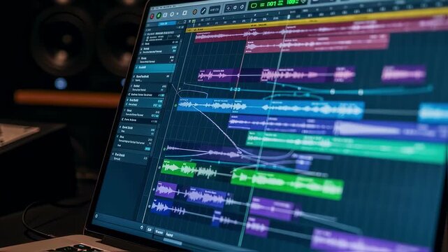 Creative medium shot of digital audio workstation on laptop with colorful waveforms showing detailed fade transitions and cut points on timeline.