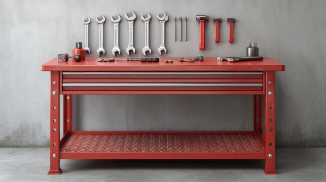 Red Workbench with Tools including Wrenches, Hammer, Screwdriver, and Accessories on Gray Concrete Background - Powered by Adobe