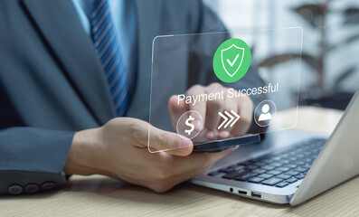 Businessman using mobile phone for online payments mobile banking and financial transactions representing e-commerce digital finance and financial technology for modern business and shopping solutions