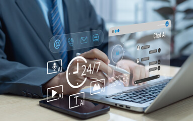 Customer support concept with chatbot assistant person interacting through online service artificial intelligence, CRM software technology for efficient customer service and digital contact solutions