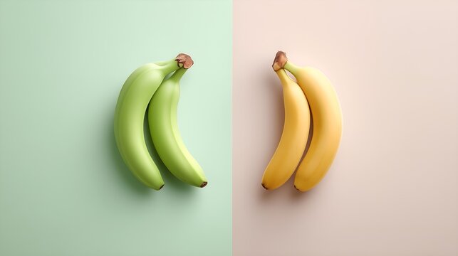 Vibrant green and yellow bananas displayed side-by-side on contrasting pastel backgrounds
