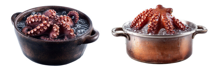 Set of a cooking octopus in a pot isolated on transparent background. 