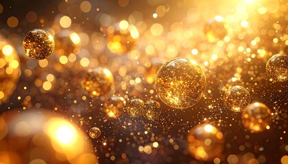 A brilliant, abstract artwork featuring numerous luminous, spherical objects interspersed with sparkling particles against a golden, blurred background. 