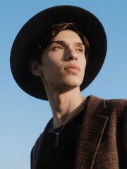Young Man in Stylish Hat and Jacket Looking Up