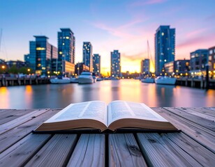 Open book on dock at sunset