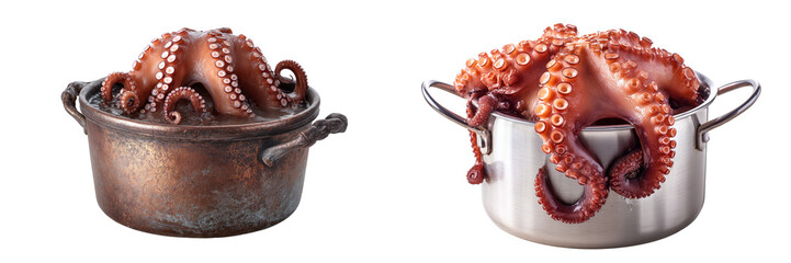  Set of a cooking octopus in a pot isolated on transparent background.