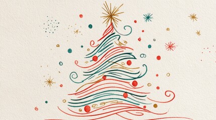 Colorful abstract christmas tree with playful swirling lines and vibrant dots, generating festive whimsy for holiday greeting card design