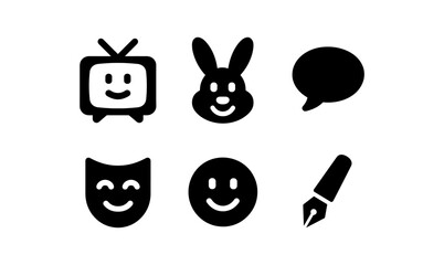Simple black icons: tv, rabbit, speech bubble, theater mask, smiley, and pen