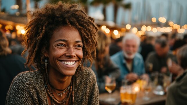 Smiling woman enjoying outdoor dining with friends at a lively social gathering
