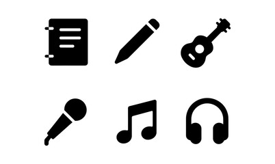 Minimalist icon set featuring music and writing tools in silhouette style