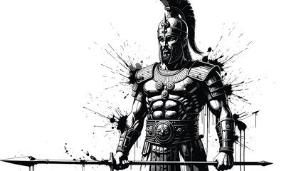 Fototapeta premium Ancient Warrior with Spear, Black and White Illustration