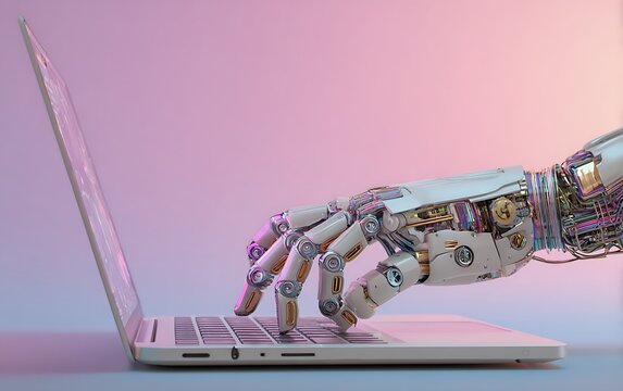 Robotic hand typing on a laptop keyboard with futuristic lighting