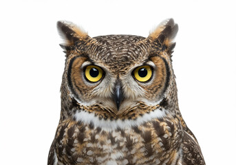 Obraz premium Close-up portrait of a Great Horned Owl facing forward with intense yellow eyes and detailed feather patterns against a white background.