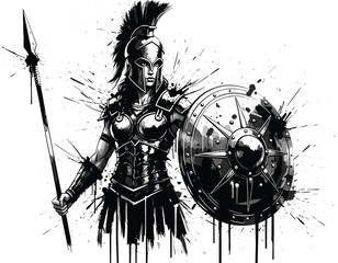 Warrior Woman with Spear and Shield in Black and White