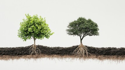 Obraz premium Two Trees with Exposed Roots, Contrasting Foliage and Root Systems on White Background
