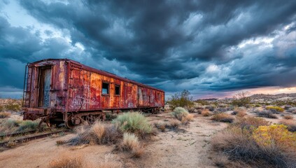 Obraz premium Rusty train car in a desert landscape under a dramatic sky