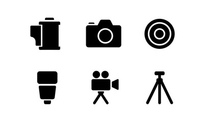 Silhouette camera icons set: photography equipment and accessories collection
