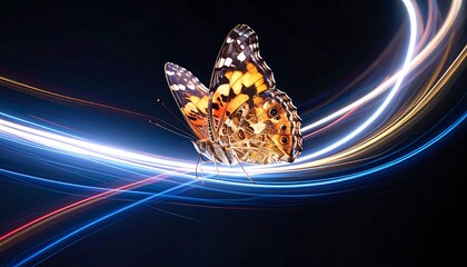 A butterfly takes flight amidst vibrant light trails