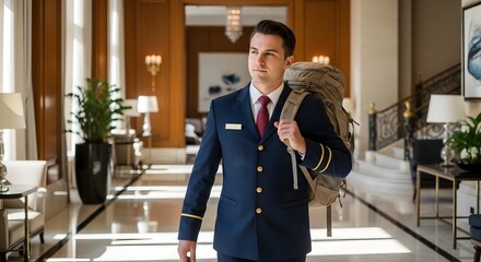 Young Bellman in Uniform with Backpack Walking Through a Luxurious Hotel Lobby, Blending Professional Service with a Sense of Journey and Purpose