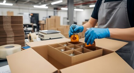 Gloved Hands Carefully Packing Amber Liquid Bottles into Cardboard Box for Shipping in Production Facility