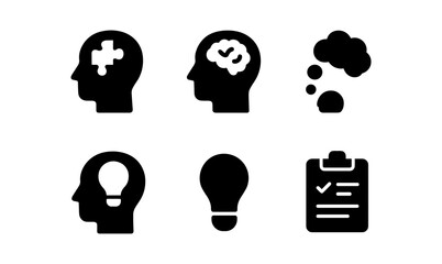 Creative mindset icons set: puzzle, brainstorm, idea, checklist silhouettes