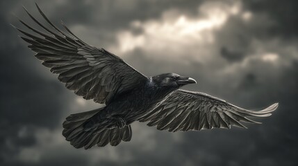 Obraz premium Dramatic side view of raven mid flight hyper realistic feather detail moody cinematic light against stormy sky