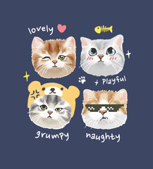 typography slogan with cute cats faces and colorful icons vector illustration - drawn by hand, not AI generated