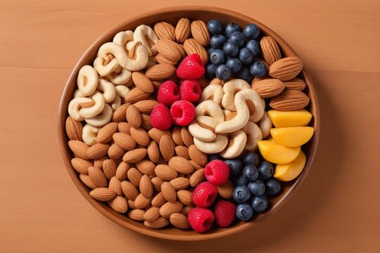 Schale mit verschiedenen N&uuml;ssen und Beeren, darunter Mandeln, Cashewkerne, Erdn&uuml;sse, Macadamian&uuml;sse, Himbeeren, Brombeeren und Cashewkerne, gesunde Snacks, Proteinquelle, Ern&auml;hrung