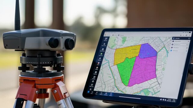 Closefocused medium shot of a GNSS receiver on tripod beside a touchscreen tablet featuring colorful parcel boundary layers emphasizing modern tools for land surveying.