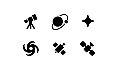 Minimalist astronomy icons featuring telescope, planet, star, galaxy, and satellite