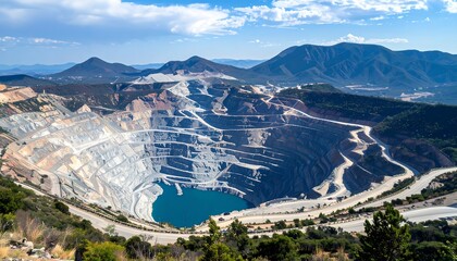 Large open-pit mine surrounded by mountains
