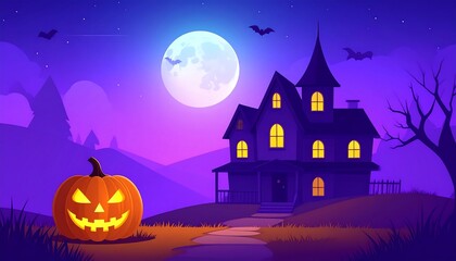 A cartoon illustration depicts a spooky Halloween scene. A glowing jack-o'-lantern sits on a path leading to a haunted house under a full moon with bats flying around the dark sky