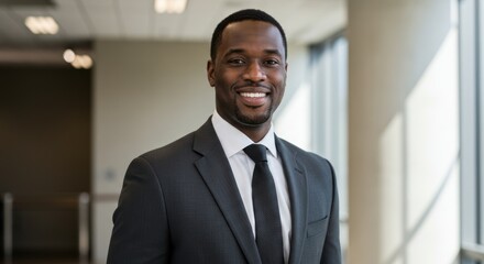 Man in suit and tie smiles in a brightly lit indoor setting.