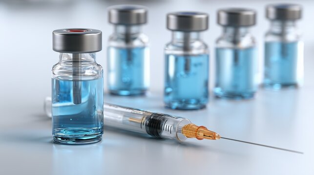Seringue medicale et flacons de vaccin bleus sur surface blanche