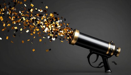 Black celebratory cannon erupting with gold confetti