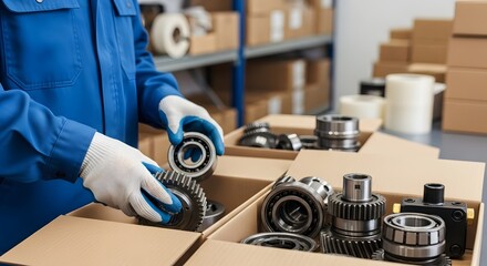 Industrial Worker Organizing Metal Gears and Bearings in Warehouse Boxes for Manufacturing and Logistics