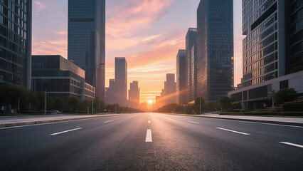 Wide asphalt roads and modern city buildings under a sunset sky