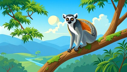 Obraz premium A cartoon-style lemur perched on a tree branch, with a backdrop of rolling hills, a winding river, and a bright blue sky. 