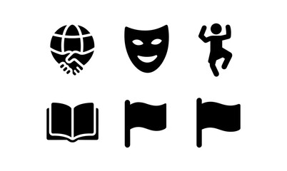 Set of silhouette icons including mask, globe, book, flag, and dancing figure