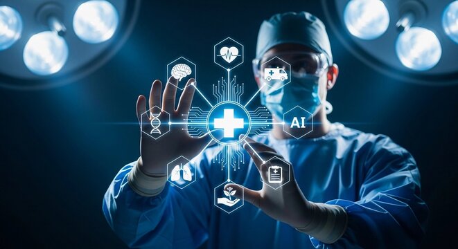 Surgeon interacting with digital medical interface, in an operating room, for healthcare technology websites