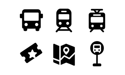Set of transport icons featuring bus, train, tram, ticket, map, and bus stop sign