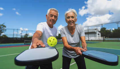 A happy senior couple playing pickleball.