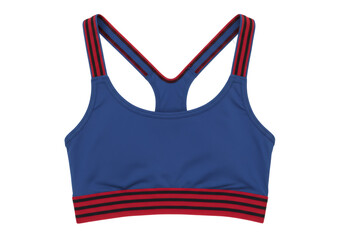 ブルーのスポーツブラジャー 赤色のストライプディテール 透明背景の衣料品