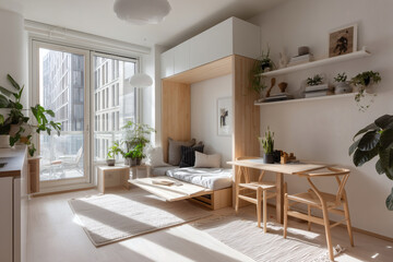 Minimalist Micro Apartment with Scandinavian Design and Multifunctional Furniture in Bright Natural Light