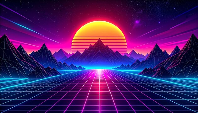 Retro Synthwave Sunset Landscape Digital Art (1)