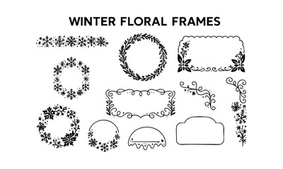 Winter Floral Frames and Borders Set Minimal Black Line Vector Wreaths, Labels, and Snowflake Ornaments, easily editable and scalable.