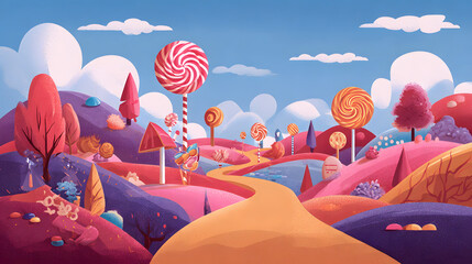 Colorful Candy Land with Lollipop Trees and Sweet Fantasy Landscape