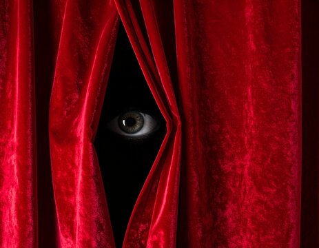 Peek Behind the Crimson: An enigmatic eye peers through a slit in a rich, red velvet curtain, creating a sense of mystery, anticipation, and hidden depths.