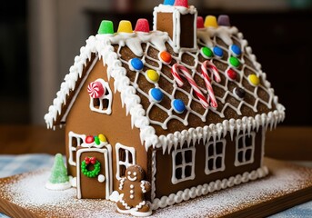Beautifully Decorated Holiday Gingerbread House Adorned with Festive Candies and Icing Decorations