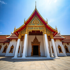 The temple, a grand Buddhist institution, boasts a traditional architecture with intricate golden details, a steep roof, and a richly decorated entrance.